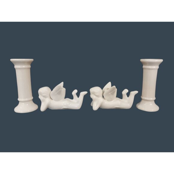 Vintage Cherub Angel Cupid And White Columns Ceramic Candlestick Candle Holders - Picture 2 of 7